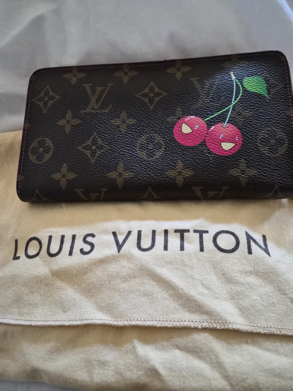 Louis Vuitton Monogram Cherry Zip Wallet - Brown with Pink Accent